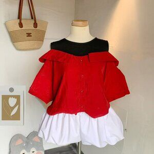 Red Black White Color Block Cold Shoulder Top